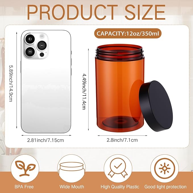 SATINIOR 12 Pack 12 oz Plastic Container Jars with Lids Round Clear Travel Cosmetic Container Slime Jars for Toiletries, Lotion, Cream, Ointments, Makeup, Rhinestone, Samples, Kitchen Storage(Amber)