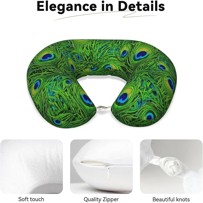 Neck Pillow Memory Foam Chin Cushion with Breathable Cover Animal Beautiful Peacock Feather Green, Cute Airplane Car Pillows for Office Head Pain Relief