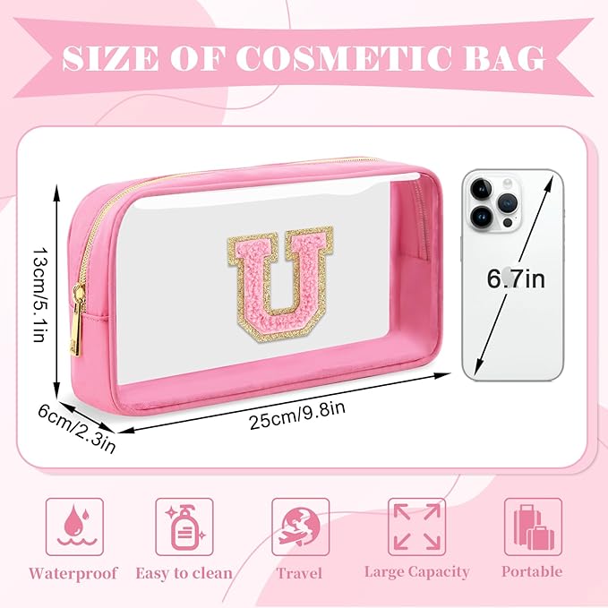 Personalized Initial Letter Clear Makeup Bag,Preppy Small Nylon&PVC Cosmetic Zipper Bag with Chenille Letter,Portable Beach Travel Skincare Toiletry Bag,Trendy Monogram Gift for Teen Girls Women,U