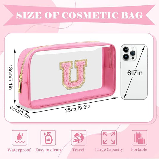 Personalized Initial Letter Clear Makeup Bag,Preppy Small Nylon&PVC Cosmetic Zipper Bag with Chenille Letter,Portable Beach Travel Skincare Toiletry Bag,Trendy Monogram Gift for Teen Girls Women,U