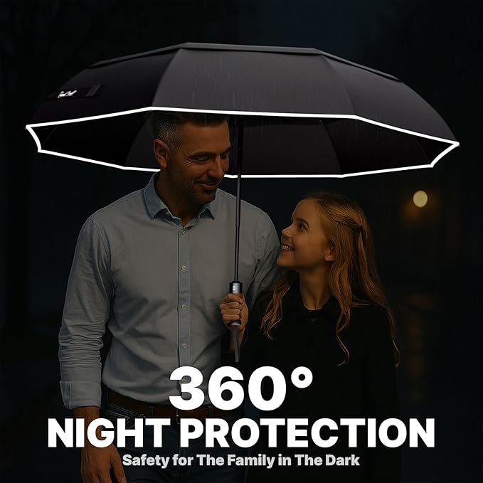 Royal Walk Windproof Folding Travel Umbrella Compact and Strong Luxurious Real Wood Handle Automatic Open Close Vented Double Canopy for Men and Women