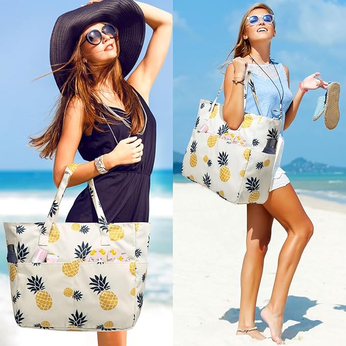 KABAQOO Extra Large Beach Bag Waterproof Sandproof Women Beach Tote with Zipper & Wet Compartment for Pool Gym Grocery Travel