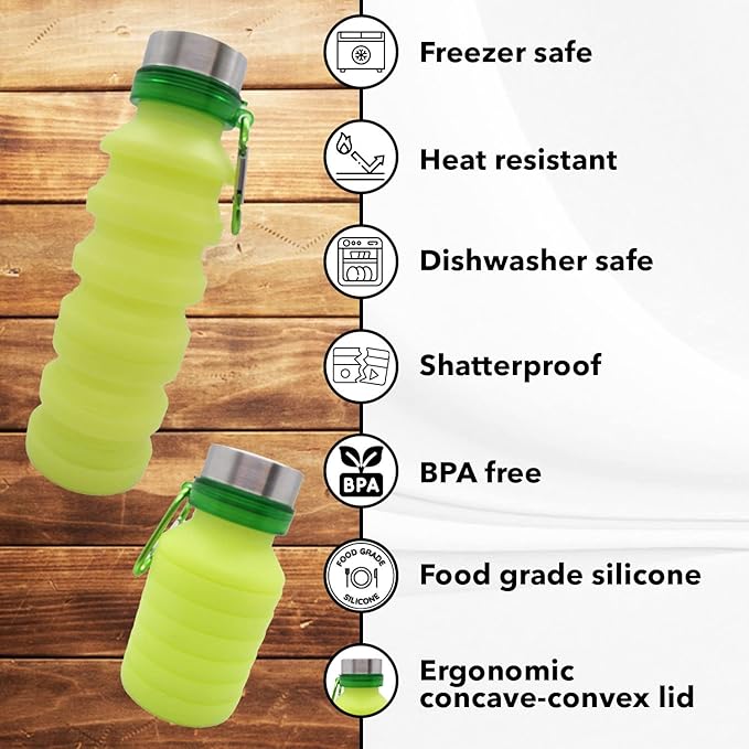 Collapsible Water Bottle (Yellow) - Reusable, BPA Free, Silicone, Foldable Portable & Leak Proof - Water Bottles for Travel Gym Camping Hiking - Sports Water Bottle with Carabiner