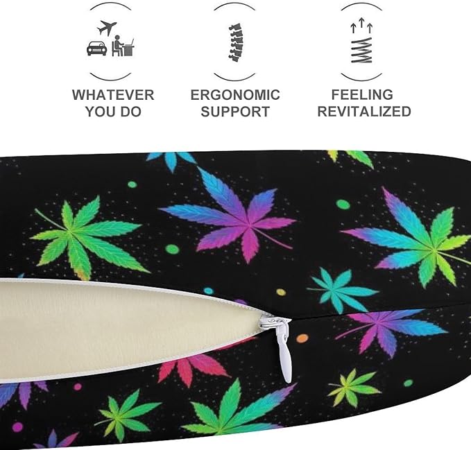 Funny Travel Neck Pillow Memory Foam U Shaped Cushion Colorful Neon Pot Leaf Weedleaf, Washable Cover for Men Women Teens Airplane Car Sleep