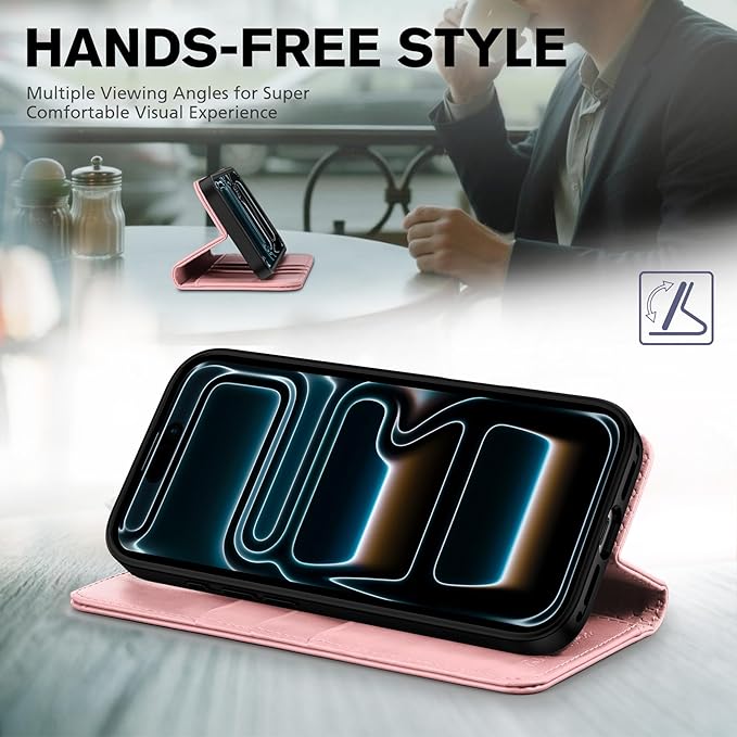 TUCCH Case Wallet for iPhone 17 Pro (6.3") 2025, RFID Blocking 3 Card Holders | Kickstand | PU Leather | Protective Flip Folio Cover | TPU Shockproof Interior Shell | Pink