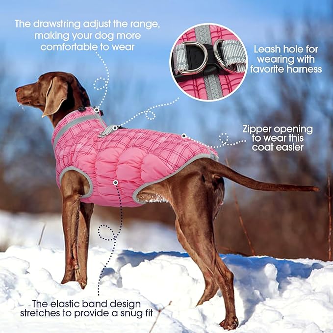 FUAMEY Dog Coat for Large Dogs,Waterproof Dog Winter Jacket with Harness Built in Puppy Cold Weather Coats Reflective Pet Vest with Zipper Warm Fleece Dogs Snowsuit Windproof Rose Plaid XL