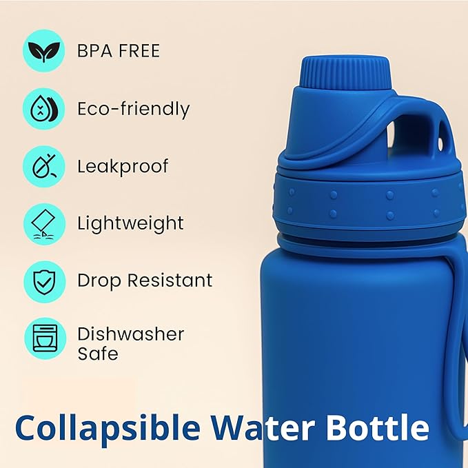 Collapsible Water Bottles Travel Water Bottle Silicone Water Bottle Foldable Lightweight Portable Leakproof & Reusable perfect for Gym Hiking Camping 500ml 17oz - BPA free - (blue)