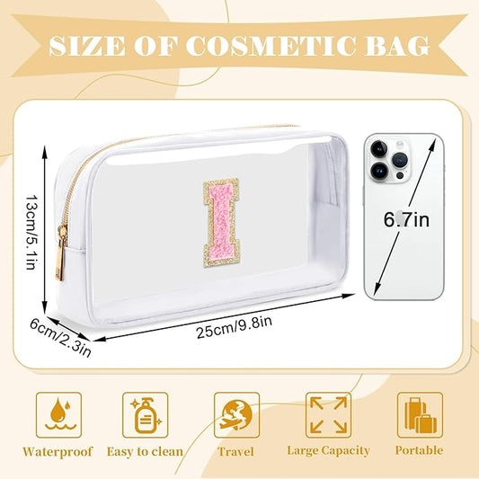 Personalized Initial Letter Clear Makeup Bag,Preppy Small Nylon&PVC Cosmetic Zipper Bag with Chenille Letter,Travel Skincare Toiletry Bag,Monogram Christmas Gift for Teen Girls Women,I