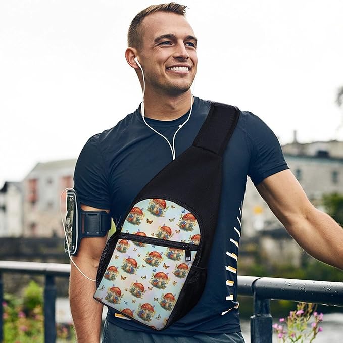 SWEET TANG Fashion Sling Backpack, Lightweight Sling Shoulder Bag, Outdoor Chest Crossbody Bike Gym Runner Daypack with Adjustable Strap for Men Women, Red Mushrooms Butterfly Art