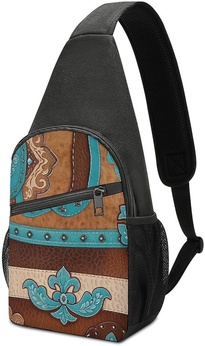SWEET TANG Cute Sling Shoulder Backpacks Rustic Brown Teal Western Country Tooled Leather Bags Chest Sack, Anti Theft Crossbody Rucksack for Hiking Traveling Sports, Daypacks for Men Women