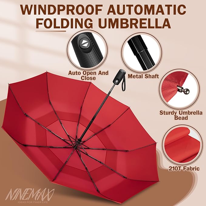 NINEMAX Windproof Travel Umbrella for Rain, Automatic Umbrellas Double Canopy Vented Compact for Men Women(Red)