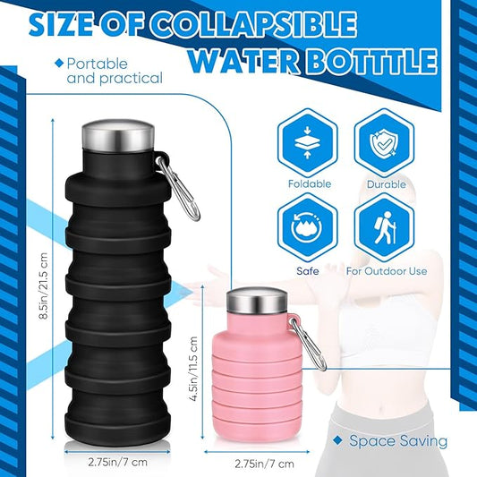Baderke 2 Pcs Collapsible Water Bottles 17oz Silicone Travel Foldable Portable Water Bottle with Buckle Silicone Lightweight Reusable Leakproof for Camping Hiking Cycling Sport(Pink, Black)