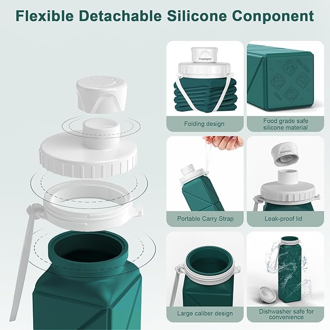 Portable Collapsible Water Bottles,BPA Free Food-Grade Silicone Reusable water Bottle For Outdoor Travel Hiking Sports,Compact,Lightweight Easy To Carry,Leakproof Water Bottles,Dark Green