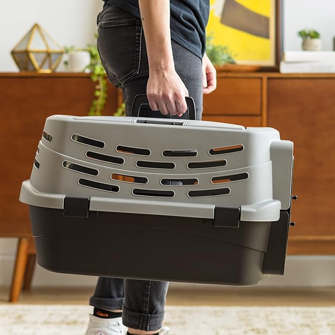 IRIS USA 23" Cat Carrier, Small Pet Carrier Hard, Dog Kennel with 2-Door Front and Top Access, Dog Carrier, up to 18 pounds, Black/Gray