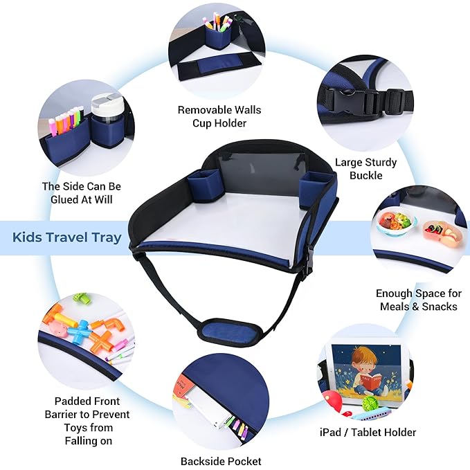 COOLBEBE Kids Travel Tray for Toddler Car Seat, Travel Tray for Airplane, Toddler Car Seat Lap Tray, Carseat Table Tray for Kids Travel Activities (Navy Blue)
