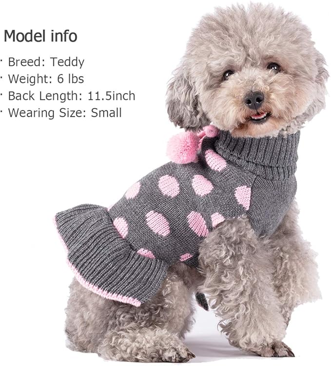 KYEESE Dog Sweater Dress with Leash Hole Turtleneck Dog Sweaters for Girl Large Dogs Polka Dot Knit Pullover Warm Pet Clothes for Fall Winter
