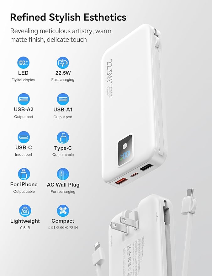 Portable Power Bank, 12000mAh 22.5W Fast Charging Phone Charger with Built-in Cables & Wall Plug, Travel Essential Battery Pack with LED Display, USB C Battery Charging Bank for iPhone, Samsung White