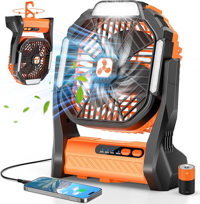 Portable Rechargeable Fan, 20000mAh Cordless Battery Powered Camping Fans with SOS & LED Lantern, Small USB C Operated Outdoor Tent Ventilador for Travel Camp Fishing Picnic Home Worksite Supplies