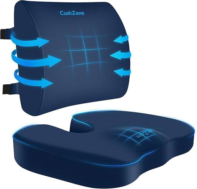 CushZone Seat Cushion, Lumbar Support Pillow with Adjustable Strap-Chair Cushions for Sciatica Pain Relief-with Washable Cover Memory Foam for Car, Travel and Wheelchair-Blue