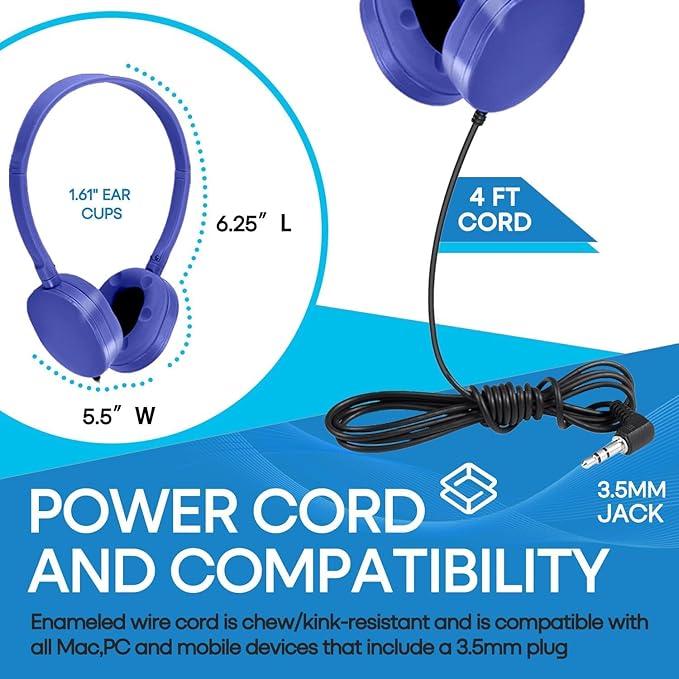 Bulk Headphones 100 Pack for Kids School Classroom, Wholesale Wired Durable Headphones Class Set for Students Children Toddler Boys Girls Teens and Adult (HY104, 100 Blue)