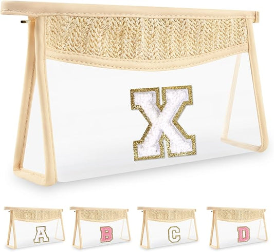 Personalized Initial Letter Bag Boho Straw Clear Makeup Bag,Small Cute Chenille Varsity Letter Pouch With Zipper,Beach Travel Toiletry,Portable Monogrammed Cosmetic Bag for Women Girls,X