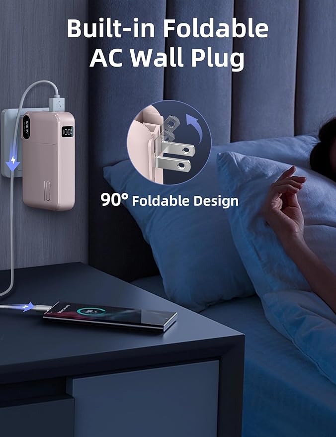 RORRY Portable Charger Built in Cables, AC Wall Plug in Portable Charger Power Bank 10000mAh Travel Battery Pack 22.5W Fast Charging for iPhone 17/16/15 Samsung Galaxy S24/S23/S22 Pixel LG iPad, Pink