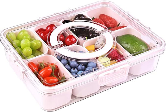 Yuroochii Snackle Box Container, Portable Snackle Box 8 Compartment Divided Serving Tray with Lid & Handle, Clear Snack Platter for Travel Candy Party Fruit Salad (Pink)