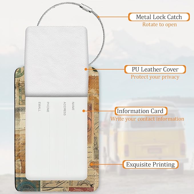 Stamp Luggage Tags for Suitcase 3 Pack, Privacy Cover ID Label with Stainless Steel Loop and Address Card for Travel Bag Suitcase