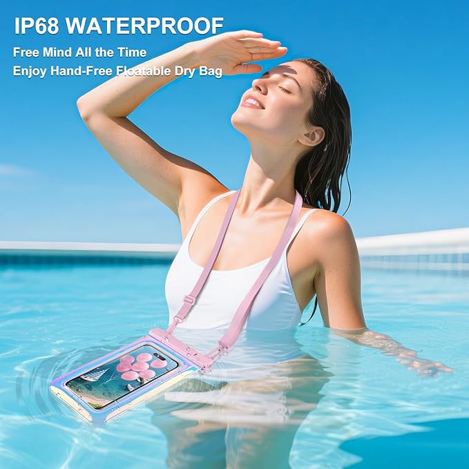 Waterproof Phone Pouch, IP68 Floating Case, Glitter Pink | for iPhone 16/15/Galaxy | Up to 7.0'' | with Adjustable Lanyard | Dry Bag Beach Essentials | 1 Pack