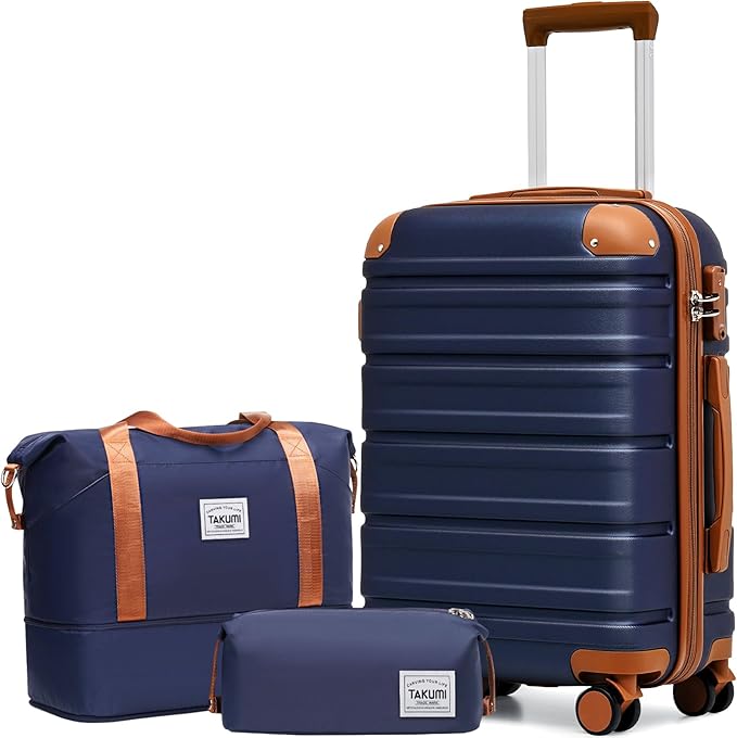 TAKUMI Carry On Luggage Set 3 Piece ABS+PC Hardshell Suitcases with Duffel Bag Double Spinner Wheels Travel Luggage with TSA Lock Lightweight Suitcase Set(NAVY, 3 PIECE SET(20/DB/TB))
