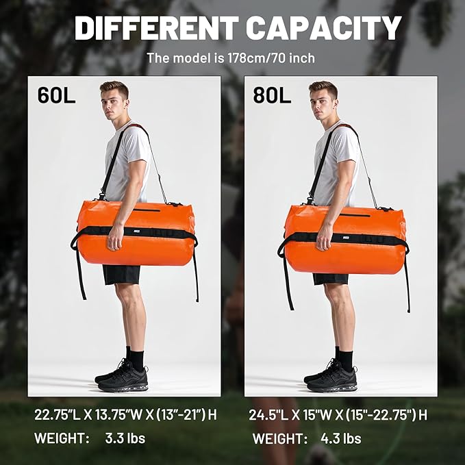 MIER Large Waterproof Duffel Bag Rolltop Dry Backpack Duffle Bags for Kayaking, Rafting, Boating, Swimming, Camping, Travel, Gym, Beach, 60L/80L
