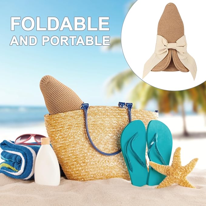 DRESHOW Sun Hats for Women Travel Fedora Foldable Beach Sun Hat Summer Wide Brim Straw Bucket Hat with Bowknot UPF 50+