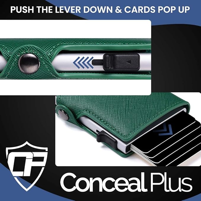 Card Blocr Womens Slim Wallet for Small Purses, Pop Up Wallet with Anti Theft RFID Blocking Credit Card Holder for Women in Green PU Saffiano Leather