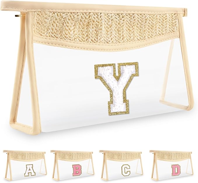 Personalized Initial Letter Bag Boho Straw Clear Makeup Bag,Small Cute Chenille Varsity Letter Bag With Zipper,Beach Travel Toiletry Bag,Portable Monogrammed Cosmetic Bag for Women Girls,Y