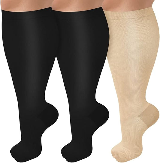 3 Pack Plus Size Compression Socks for Women & Men, Extra Wide Calf Knee High Stockings for Circulation Support