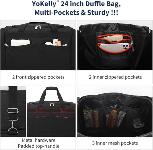 24 inch Large Gym Bag for Men - 65L Hard Bottom Duffle Bag with Shoes Compartment for Sport/Travel - Black