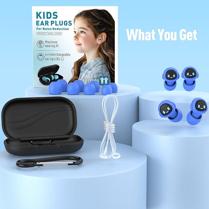 2 Pairs Kids Ear Plugs for 5-12 Yr, 27 dB Noise Reduction Extra Small Earplugs, Ear Plugs for Kids for Noise Sensitivity, Socializing, Sleep, Focus, 4 Sizes Ear Tips in XS-L (2X Purple+Cord)