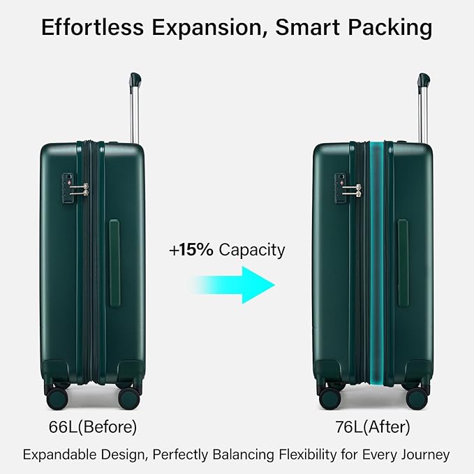 Hanke Expandable 24 Inch Luggage with Spinner Wheels, Hardside Medium Checked luggage, All-PC Hard Shell Suitcase, TSA Lock, Lightweight Checked-Medium (Blackish Green, 76L)