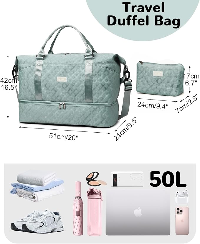 50L Large Travel Duffel Bag with Shoe Compartment & Toiletry Bag for Women, Large Hospital Bag with Wet Pocket, Blue