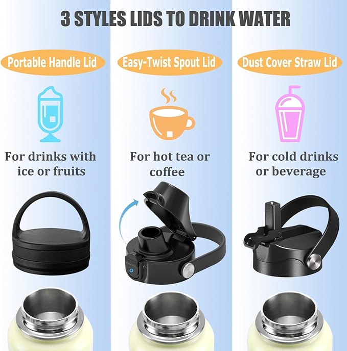 Water Bottle Insulated 32oz 40oz 64oz 128oz Straw Lid Spout Lid & 3 Lids, Leak Proof, Vacuum Insulated,Stainless Steel Water Bottle Wide Mouth for Sports, Gym or Office