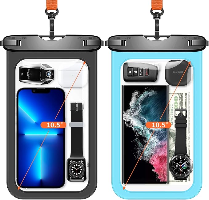 Lanhiem 10.5" Large Waterproof Phone Pouch, 2 Pack Universal IPX8 Waterproof Dry Bag with Lanyard for iPhone 16 15 14 Pro Max, Samsung Galaxy S24 S23 S22 Ultra, S23 FE, Pixel 9 8 Pro, Black+Mint