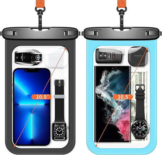 Lanhiem 10.5" Large Waterproof Phone Pouch, 2 Pack Universal IPX8 Waterproof Dry Bag with Lanyard for iPhone 16 15 14 Pro Max, Samsung Galaxy S24 S23 S22 Ultra, S23 FE, Pixel 9 8 Pro, Black+Mint
