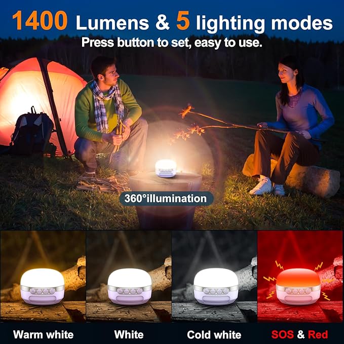 LED Camping Lantern Rechargeable 1400LM, Up to 420H Running Time Camping Tent RGB Light, 10400mAh Emergency Hanging Light for Hurricane, Power Outages, Home, Hiking,Violet
