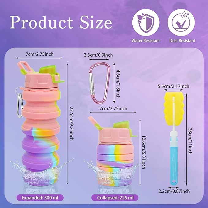 8 Pcs Collapsible Water Bottles with Clip 16 oz Portable Reusable Leakproof Silicone Foldable Water Bottles for Travel Camping Cycling Hiking Gym Yoga Outdoor Sports