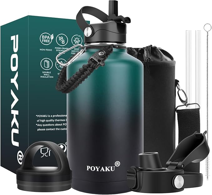 Water Bottle Insulated 32oz 40oz 64oz 128oz Straw Lid Spout Lid & 3 Lids, Leak Proof, Vacuum Insulated,Stainless Steel Water Bottle Wide Mouth for Sports, Gym or Office