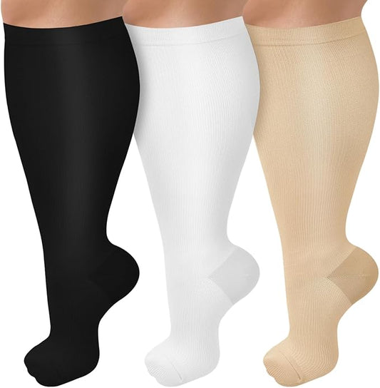3 Pack Plus Size Compression Socks for Women & Men, Extra Wide Calf Knee High Stockings for Circulation Support