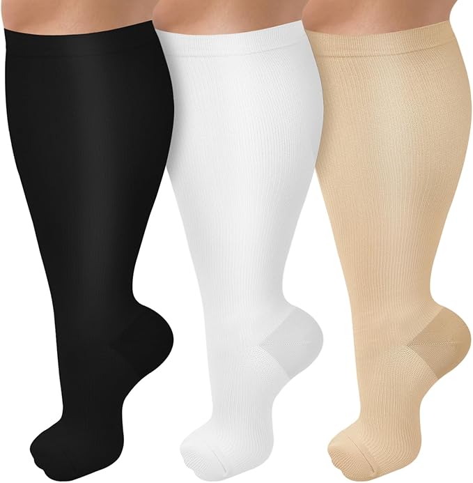 3 Pack Plus Size Compression Socks for Women & Men, Extra Wide Calf Knee High Stockings for Circulation Support