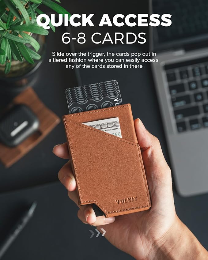 VULKIT Pop up Card Wallet Top-Grain Genuine Leather RFID Blocking Slim Aluminum Metal Bank Card Holder Case with Business Money Pocket for Credit Cards Notes and Coins Brown