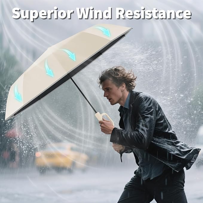 Seniny Travel Umbrella with Carabiner Handle, Windproof Large Umbrellas for Rain with Dual-Rib Structure, Portable Compact Umbrella with Reflective Strip, Car Backpack UV Umbrellas for Sun Protection