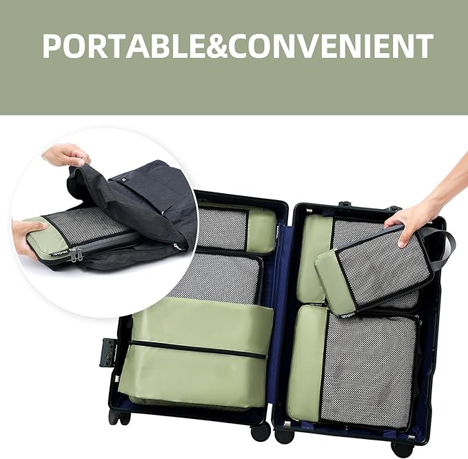 BAGAIL 4 Set/6 Set/8 Set Compression Packing Cubes Travel Accessories Expandable Packing Organizers (Half Mesh, 6-Matcha Green)